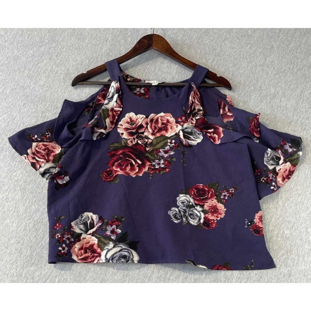 Haute Monde Cold Shoulder Blouse Top Womens XL Purple Floral Print Ruffle Trim